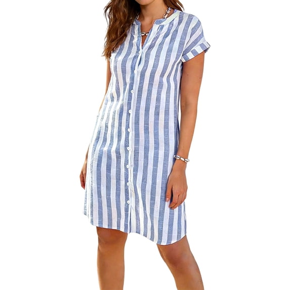 Idoravan Summer Dresses for Women 2026 Casual Dresses for Women Women's Short-Sleeved Shirt Collar Striped Dress