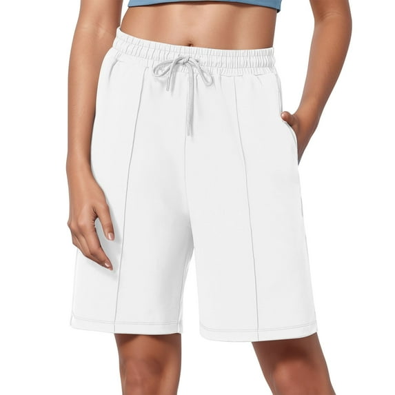 Women's Shorts 2025 Drawstring Waist Athletic Gym Shorts Casual Loose Long Yoga Shorts with Pockets white Large