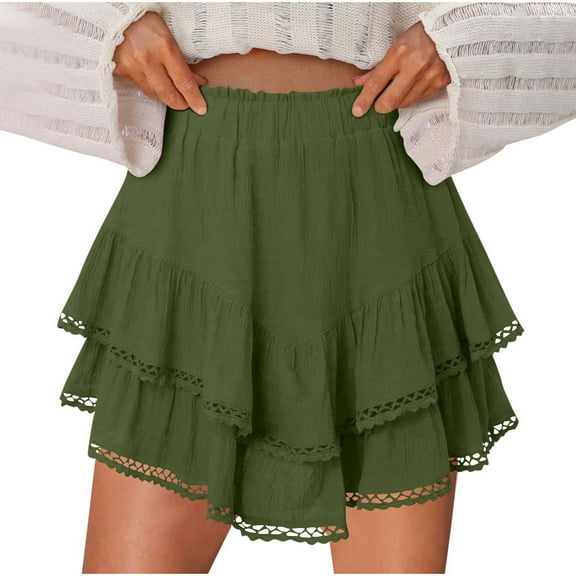 Women's Shorts Cototn Solid Color Summer Pleated Athletic Loose Comfy Stretchy Fake Two Piece Skirt Shorts Army Green 2XL