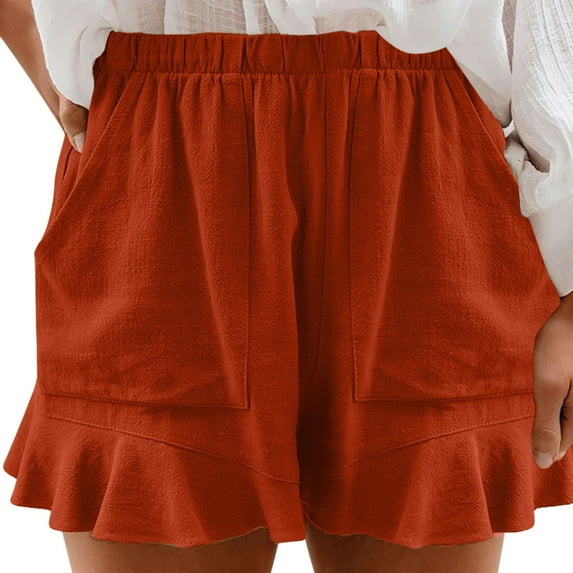 Women's Shorts Cotton Casual Shorts Women'S New European Version Of Solid Color High Waist Fold Loose Straight Leg Pants,Orange Women's Shorts XXXXL