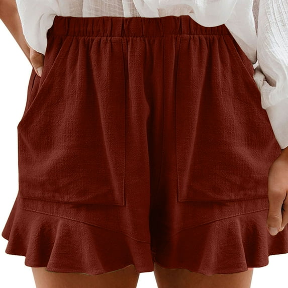 Women's Shorts Cotton Casual Shorts Women'S New European Version Of Solid Color High Waist Fold Loose Straight Leg Pants,Red Women's Shorts M