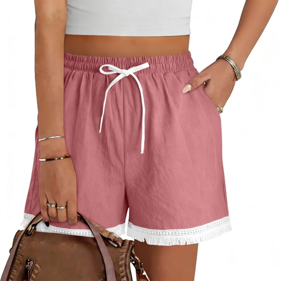 Women's Shorts Cotton-Linen Elastic Waist Drawstring Lace Beach Shorts with Pocket Soild Color Fashion Casual Summer Shorts for Vacation