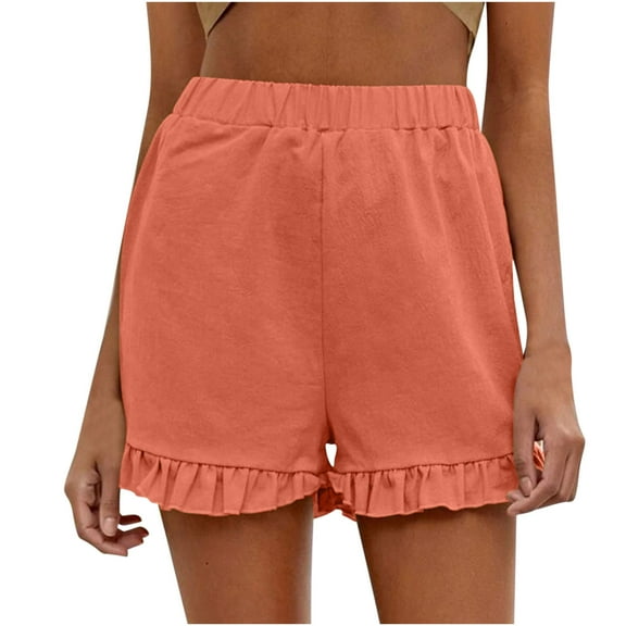 Summer Shorts for Women Elastic High Waist Ruffle Hem Wide Leg Shorts Solid Casual Loose Beach Lounge Shorts Ladies Clothes