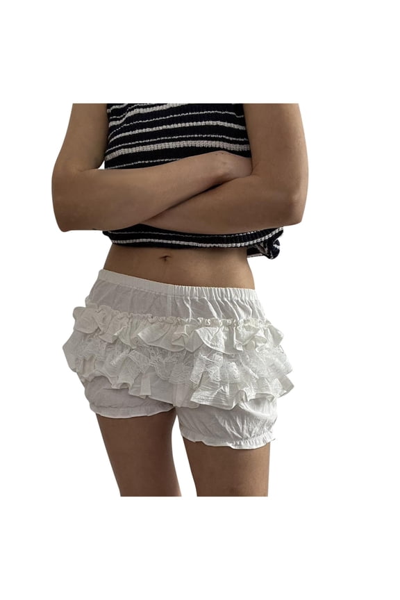 Women's Shorts Elastic Waist Casual Solid Color Cake Lace Lace White Short Workout Shorts