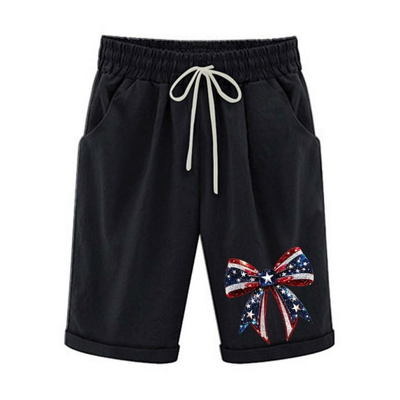Women’s Shorts Elastic Waist Independence Day Printed Summer Casual Loose Comfy 4th of July Shorts Black 2XL