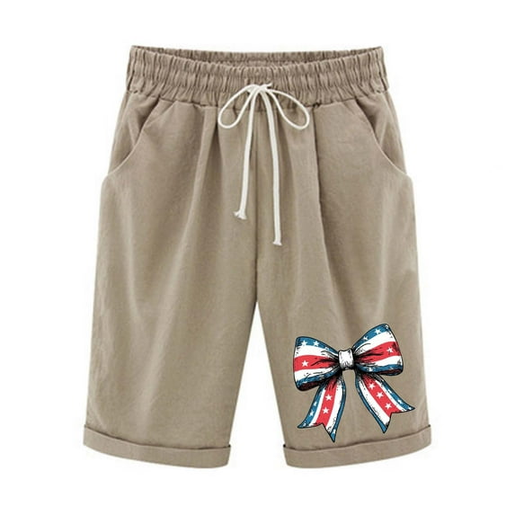 Women’s Shorts Elastic Waist Independence Day Printed Summer Casual Loose Comfy 4th of July Shorts Khaki 2XL