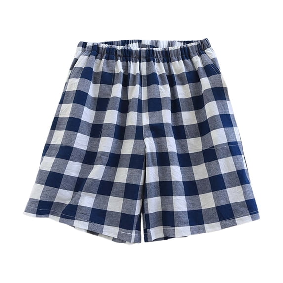 Women's Shorts Elastic Waist Washed Checkered With Side Pockets Home Gym Shorts