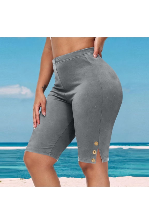 Women's Shorts, Fashion Plus Size Yoga Pants Half Shorts Solid Color Elastic Waist, Comfy Casual Workout Shorts with Slit, Stretchy Lounge Bottoms for Women
