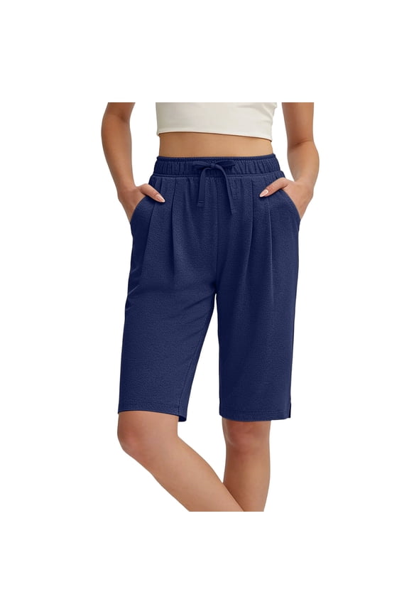 Women's Shorts High Waisted Bermuda Lounge Shorts Summer Relaxed Fit Knee Length Knitted Short Pants with Pockets Drawstring