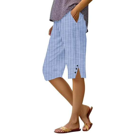 Women's Shorts High Waisted Stretchy Casual Pants Striped Pants Button Detail Party Vacation Comfortable Summer Flowy Shorts S-5XL