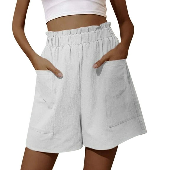 Women's Shorts High Waisted Stretchy Elastic Waist Summer Fashion Solid Pants Linen Loose Casual Plus Size Pants Summer Flowy Shorts with Pockets S-2XL