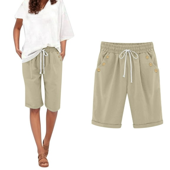 Women's Shorts Ladies Casual Pocket Thin Outer Wear Elastic Belt In Trousers Large Size Loose Pants,Beige Women's Shorts XXXXL