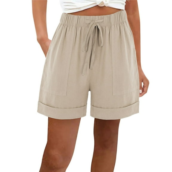 Women's Shorts Ladies Cotton High Waist Casual Pocketed Loose Straight Leg Fashion Sports Short Pants Beige L