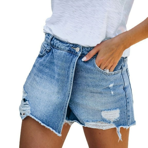 Women's Shorts Light Solid Washed Ripped Trouser Skirt Design Casual Style Blue Short Pants Sizes S