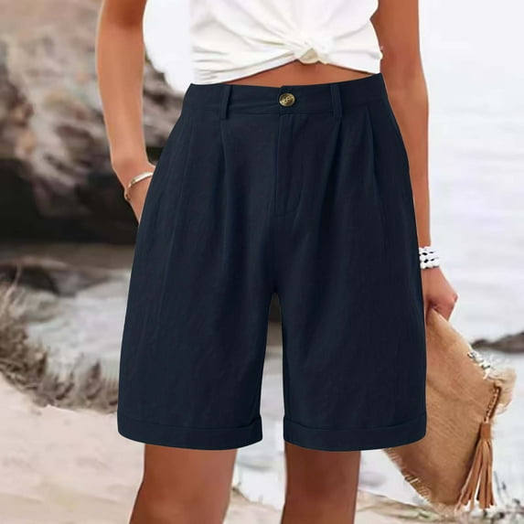 Women's Shorts Linen Shorts For Women Summer High Waisted Button Fly Shorts Baggy Business Casual Work Shorts With Pockets Features:,Blue Women's Shorts S