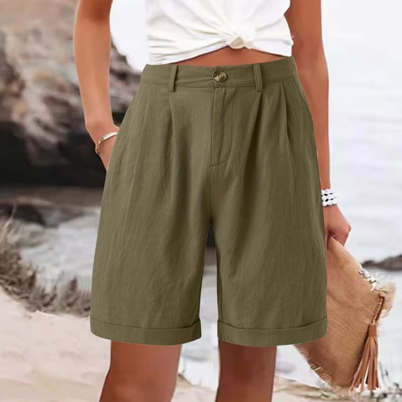 Women's Shorts Linen Shorts For Women Summer High Waisted Button Fly Shorts Baggy Business Casual Work Shorts With Pockets Features:,Green Women's Shorts XXXL