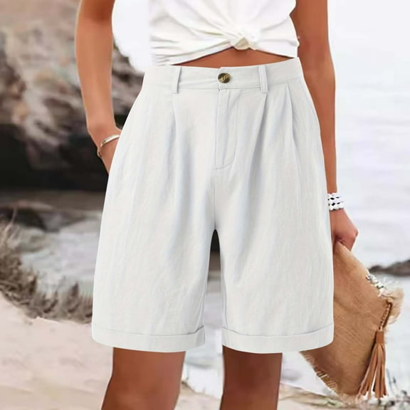 Women's Shorts Linen Shorts For Women Summer High Waisted Button Fly Shorts Baggy Business Casual Work Shorts With Pockets Features:,White Women's Shorts XXXL