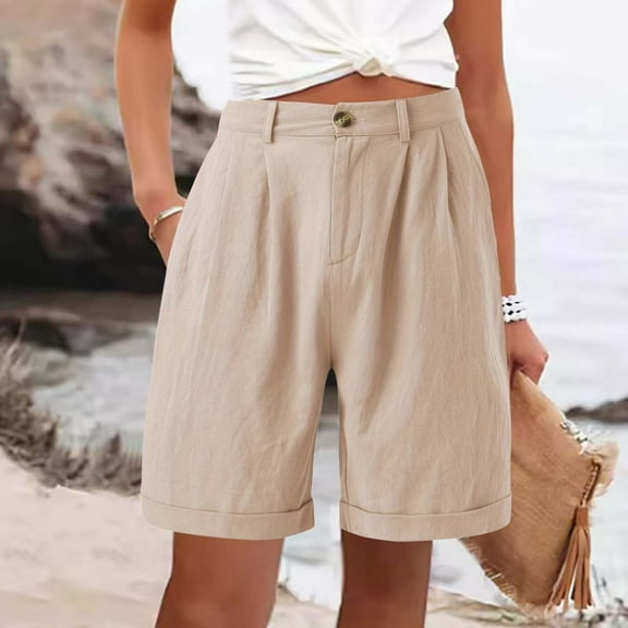 Women's Shorts Linen Shorts For Women Summer High Waisted Button Fly Shorts Baggy Business Casual Work Shorts With Pockets Features:,Yellow Women's Shorts XXXL