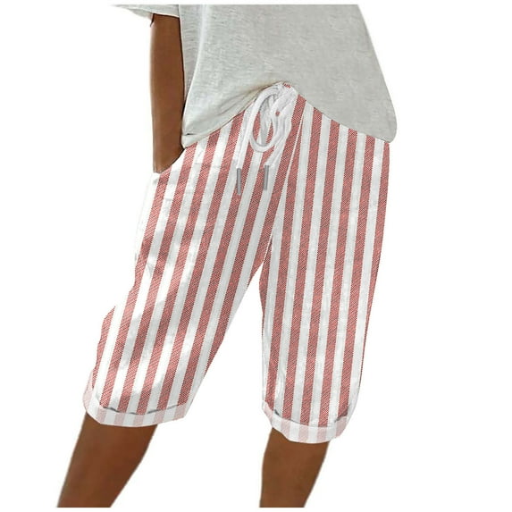Women's Shorts Plus Size $5 Casual Stripe Elastic Loose Shorts Straight Wide Leg Trousers With Pocket Half Shorts Pants