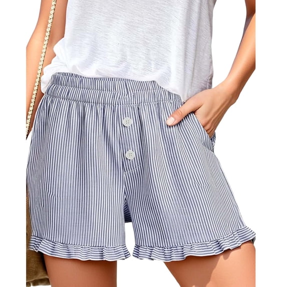 Women's Shorts Plus Size with Deep Pockets Striped Button Double Pocket Casual Loose Sporty Elastic Waist Side Shorts