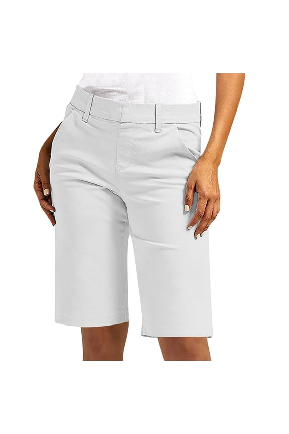 Women's Shorts Solid Color Elastic Twill Slim Waist Jumpsuit Regular Hiking Short With Pockets Summer Casual Short Five Quarter Pants White,2XL