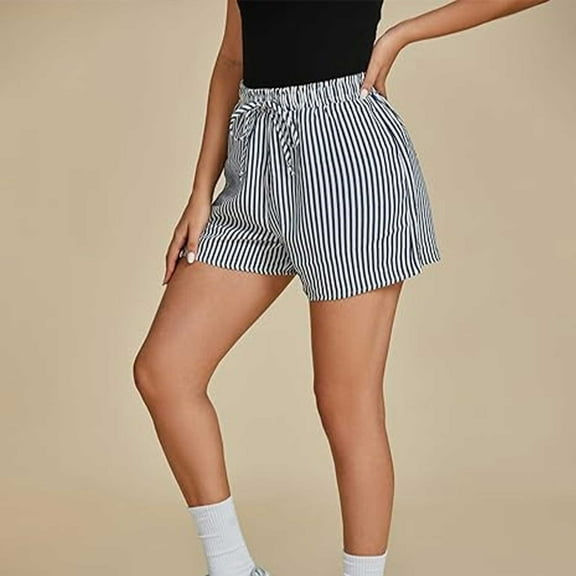 Women's Shorts Striped Shorts For Women High Waisted Beach Casual Drawstring Pull On Elastic Waist Summer Shorts With Pockets,Black Women's Shorts L