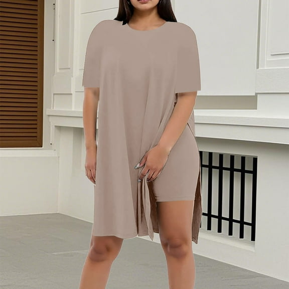 Women's Summer Shorts Suit 2 Piece Outfit Casual Round Neck Pure Color Tunic Top and Shorts Set for Daily Wear