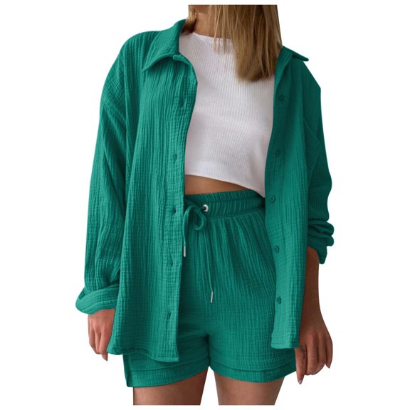 Women's Shorts Suit Fashion Set Long Sleeve Shirt and Shorts Two Piece Outfit Casual Comfortable Stylish Summer Clothes