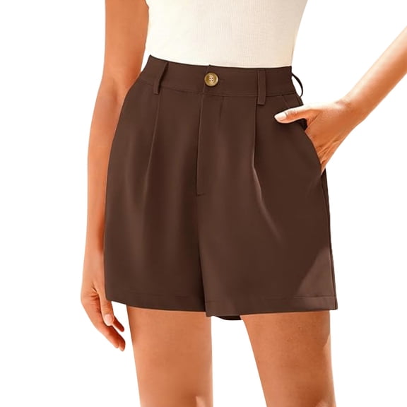 Women's Shorts Summer High-Waisted Elastic Back Pleated Wide-Leg Business Casual Work Shorts with Pockets - Blue/Black/Grey/Khaki/GN1/GN2/Coffee/Pink/Beige/AG/Brown | Yubnlvae (Coffee | M)
