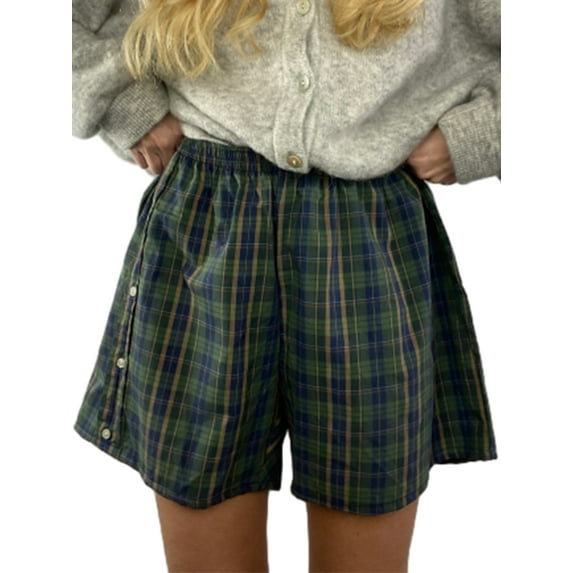 Women's Shorts Summer Plaid Shorts Baggy Bottoms Elastic Band Wide Leg Streetwear Shorts Casual Clothes for Beach