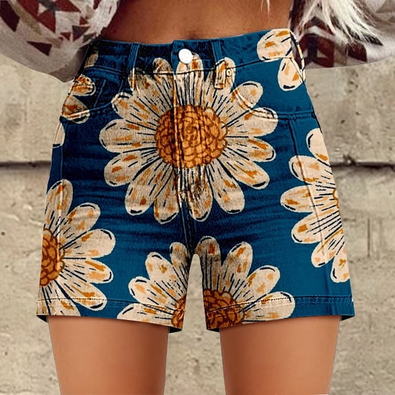 Women's Shorts Womens Casual High Waist Denim Shorts Relaxed Fit Artretro Printed Floral Shorts With Pockets,Blue Women's Shorts L