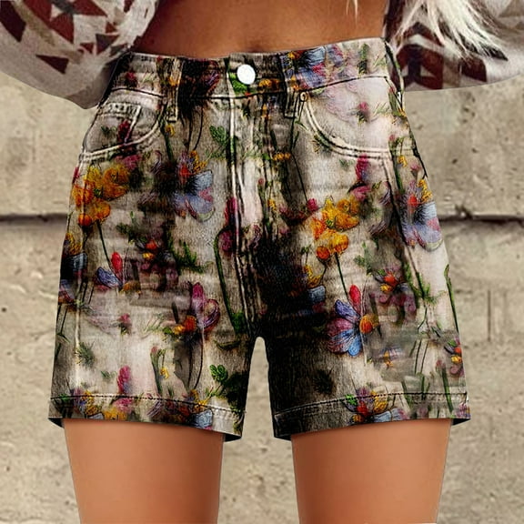 Women's Shorts Womens Casual High Waist Denim Shorts Relaxed Fit Artretro Printed Floral Shorts With Pockets,Gray Women's Shorts M
