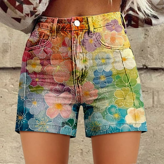 Women's Shorts Womens Casual High Waist Denim Shorts Relaxed Fit Artretro Printed Floral Shorts With Pockets,Green Women's Shorts L
