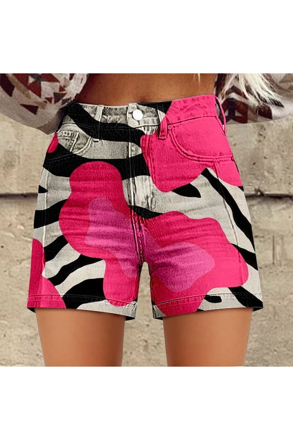 Women's Shorts Womens Casual High Waist Denim Shorts Relaxed Fit Artretro Printed Floral Shorts With Pockets,Pink Women's Shorts L