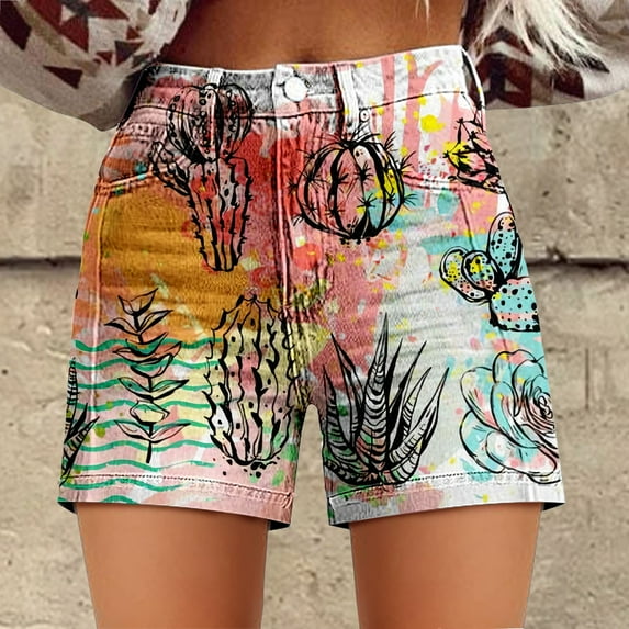 Women's Shorts Womens Casual High Waist Denim Shorts Relaxed Fit Artretro Printed Floral Shorts With Pockets,Pink Women's Shorts XXL
