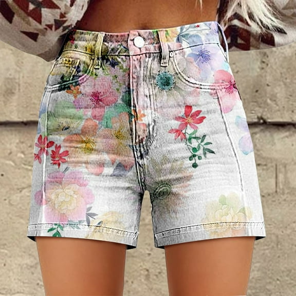 Women's Shorts Womens Casual High Waist Denim Shorts Relaxed Fit Artretro Printed Floral Shorts With Pockets,White Women's Shorts S