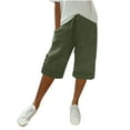 thumbnail image 1 of Women's Shorts Womens Casual Solid Side Pockets Pants Shorts Elastic Waist Pockets Daily Mid Long Shorts,Green Women's Shorts L, 1 of 5