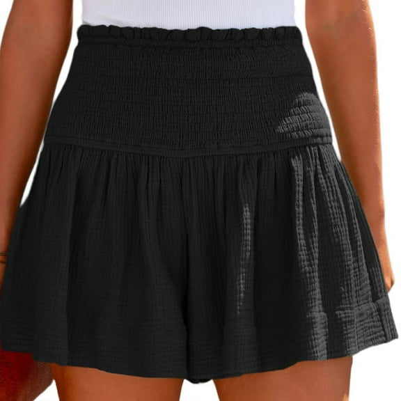 Women's Shorts Womens Shorts Cotton High Elastic Waisted Pleated Ruffle Cute Shorts Beach Flowy Casual Shorts,Black Women's Shorts XXL