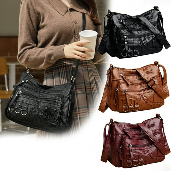 Women's Shoulder Bag | Multi-Pocket Soft Leather Texture | Fashionable Large Capacity Purse | Polyurethane Material | Black Brown Red | 25x18x9cm | Versatile Tote Handbag