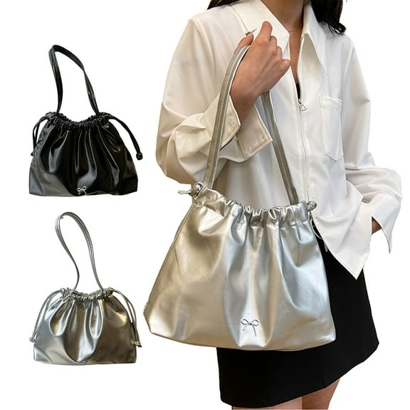 Women's Shoulder Bag | PU Leather Messenger Handbag | Black Silver | Adjustable Strap Tote Crossbody | Lightweight Slouchy Casual Purse | 33x26x10cm | 1 Pack | Versatile Everyday Style