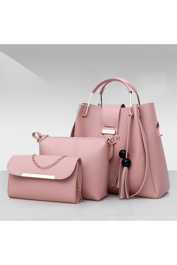 Women's Shoulder Bag Set | 3-in-1 Tote Purse Crossbody | PU Leather Fringe Handbag | Magnetic Snap Design | Large Capacity | 1 Set | Multiple Sizes | Pink Black Brown Beige Red