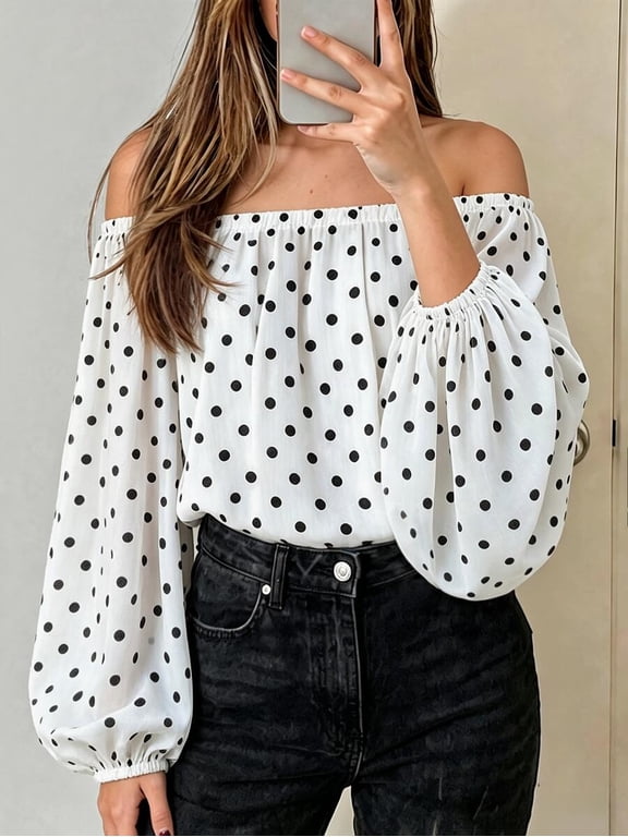 Women's Shoulder Blouse Balloon Sleeve Long Sleeve Loose Fit Chiffon Top
