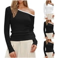 thumbnail image 1 of Women's Off The Shoulder Long Sleeve Top Shirts Blouses Round Neck Solid Color Loose Fit Casual Daily Wear Vacation Party Night Out Fashion Essential Gift for Women | CSEONE,Black L, 1 of 8