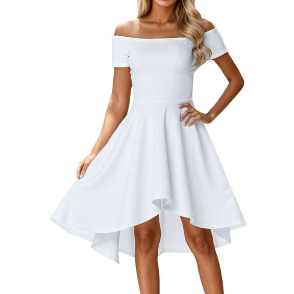 Women's Off Shoulder Casual Summer Dress Elegant High Low Hem Flowy Party Gown with Shawl Comfortable Daily Wear Pure Color Womens Casual Trendy Midi Dresses