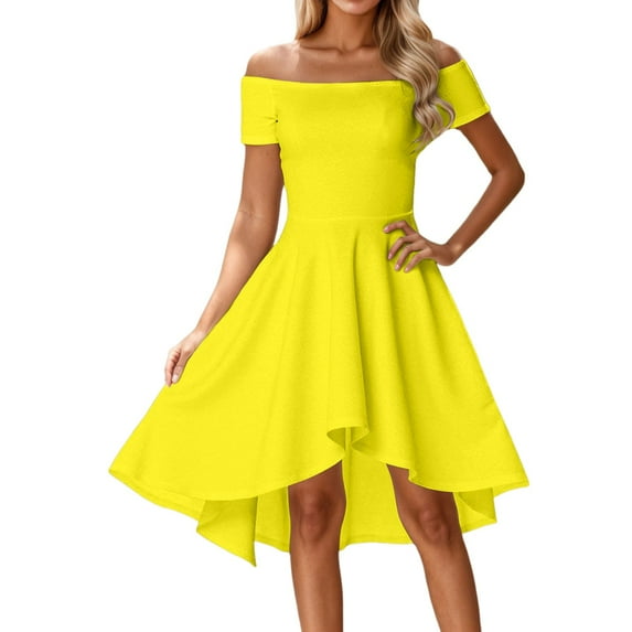 Women's Off Shoulder Casual Summer Dress Elegant High Low Hem Flowy Party Gown with Shawl Comfortable Daily Wear Pure Color Womens Casual Trendy Midi Dresses