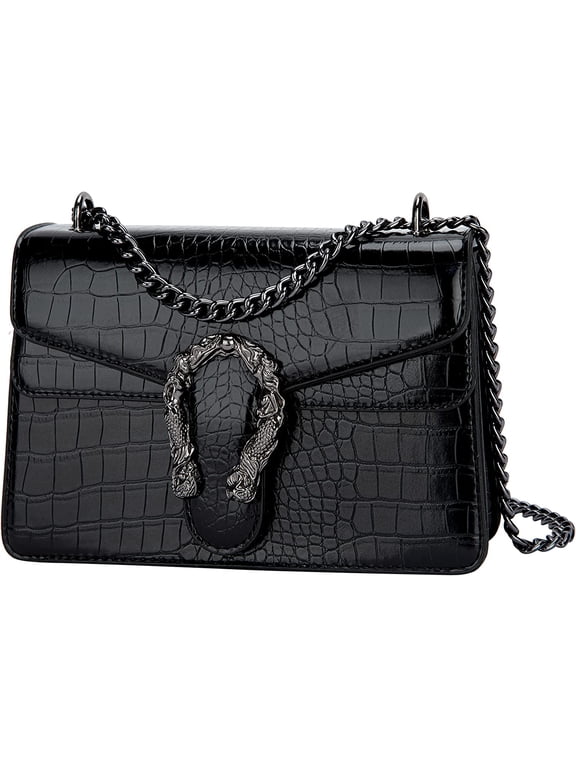 Women's Shoulder Chain Bag Crossbody Purse - Crocodile Grain PU Leather Messenger Bag Evening Square Satchel Handbag