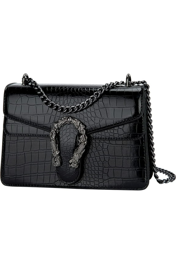 Women's Shoulder Chain Bag Crossbody Purse - Crocodile Grain PU Leather Messenger Bag Evening Square Satchel Handbag
