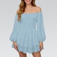 thumbnail image 1 of Women's Off Shoulder Dress, Ruffled Layered Chiffon Long Sleeve Swing Dress, Casual Beach Cover Up Dress for Vacation, Wedding and Date Night Light Blue L, 1 of 6