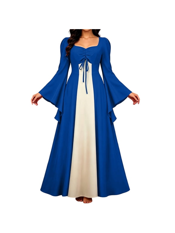 Women's off Shoulder Flare Sleeve Midi Dress, Spaghetti Strap Lace Corset Waist Gradient Tulle Skirt, Vintage Renaissance Fairy Costume Dress for Party Blue-A XXL(XXL)