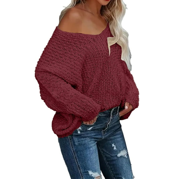 Women's Off The Shoulder Hollow Knit Pullover Sweater, Loose Lightweight Soft Breathable V Neck Long Sleeve Solid Color Top for All Seasons Casual Wear, Layering Comfort and Versatile Styling Wine L